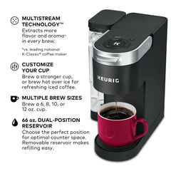 Keurig K-Supreme 66 oz dual-position reservoir demonstrating flexible counter placement and capacity
