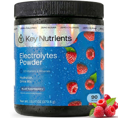 KEY NUTRIENTS envase frontal mostrando 90 porciones y sabor Blue Raspberry para hidratación rápida