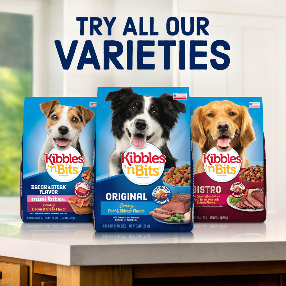 Kibbles 'n Bits vegetables beside kibble showing added veggie nutrients benefit