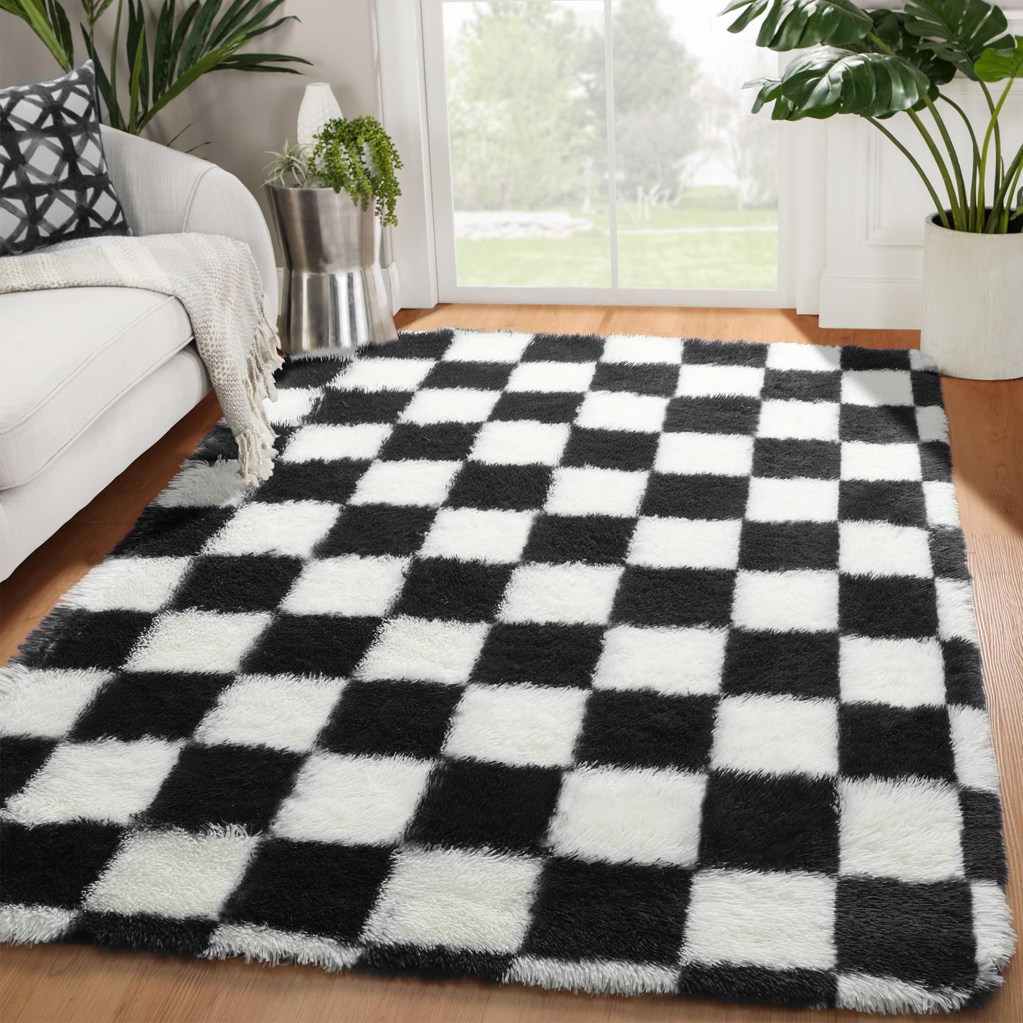 KICMOR vista frontal de la alfombra ajedrez, aporta estilo moderno