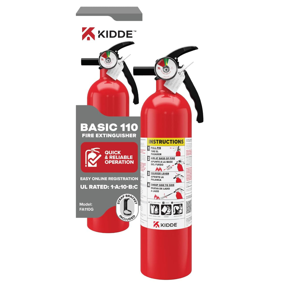 Kidde frente del extintor FA110G mostrando diseño compacto y marca