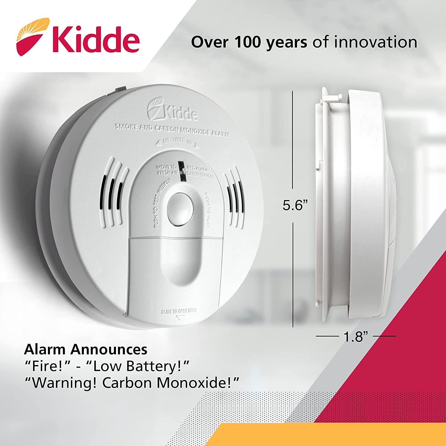 Kidde red and green LED indicator close-up giving clear status and hush feedback