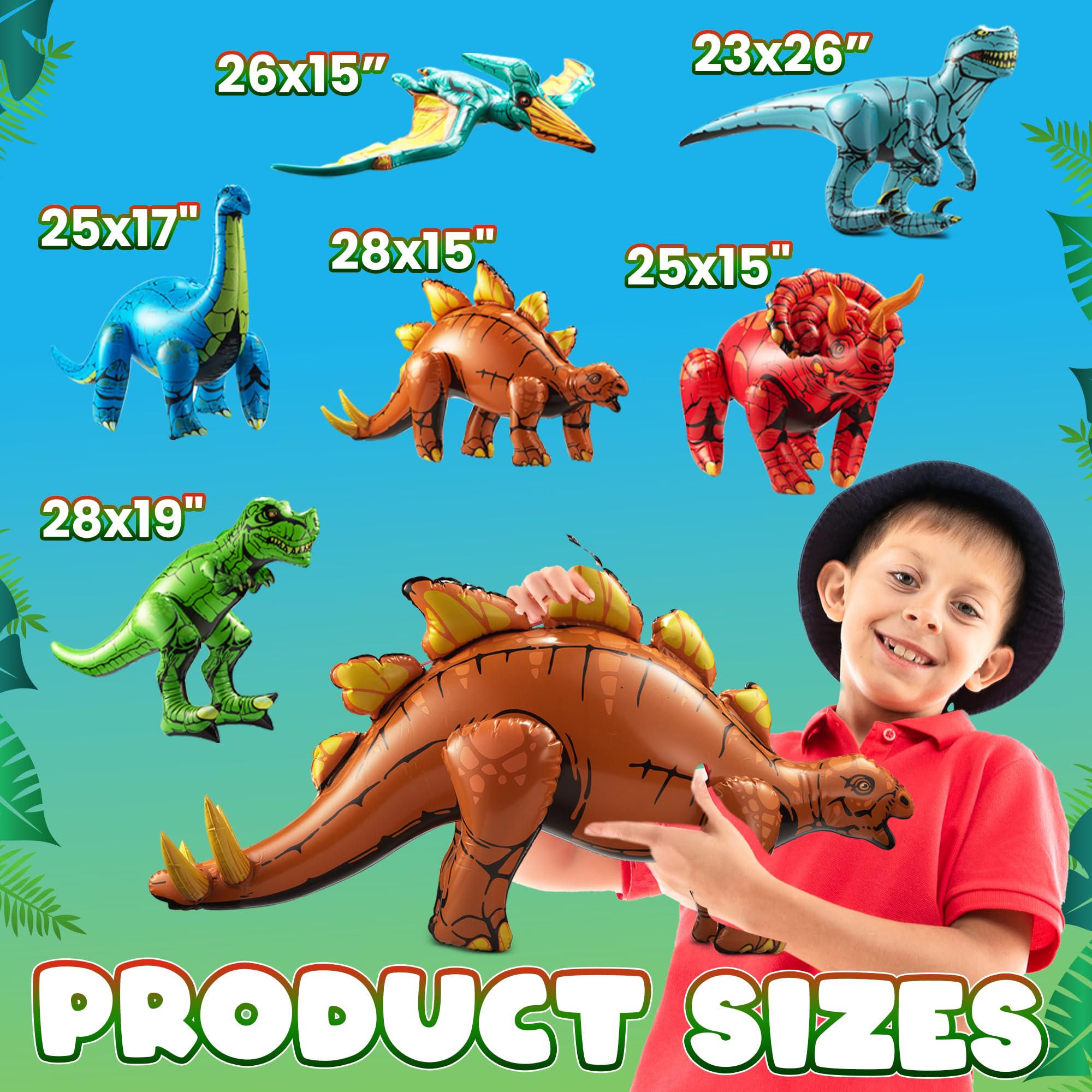 KiddieLoot niños jugando con dinosaurios inflables en jardín para entretenimiento activo