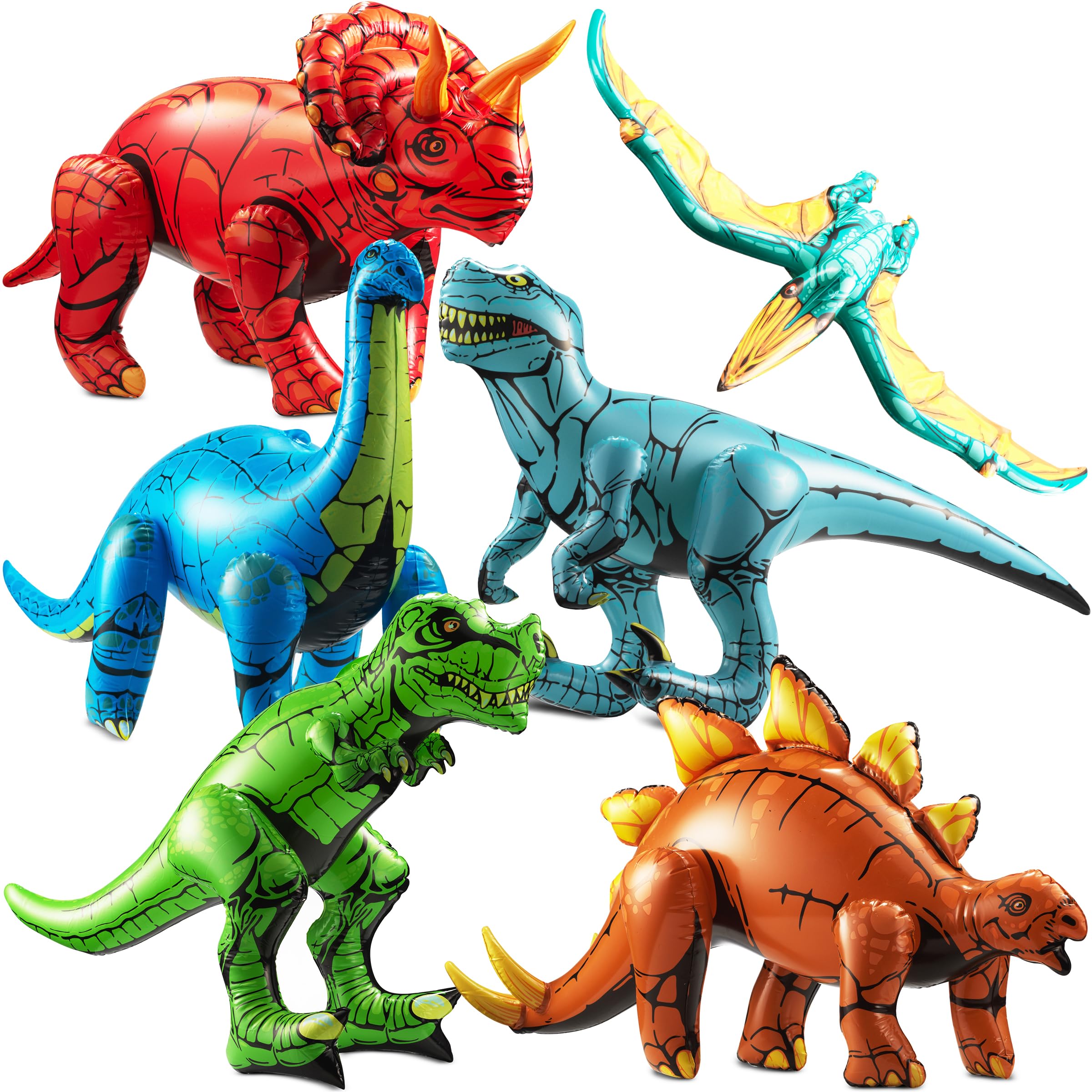 KiddieLoot dinosaurios inflables frente mostrando seis especies y colores vibrantes