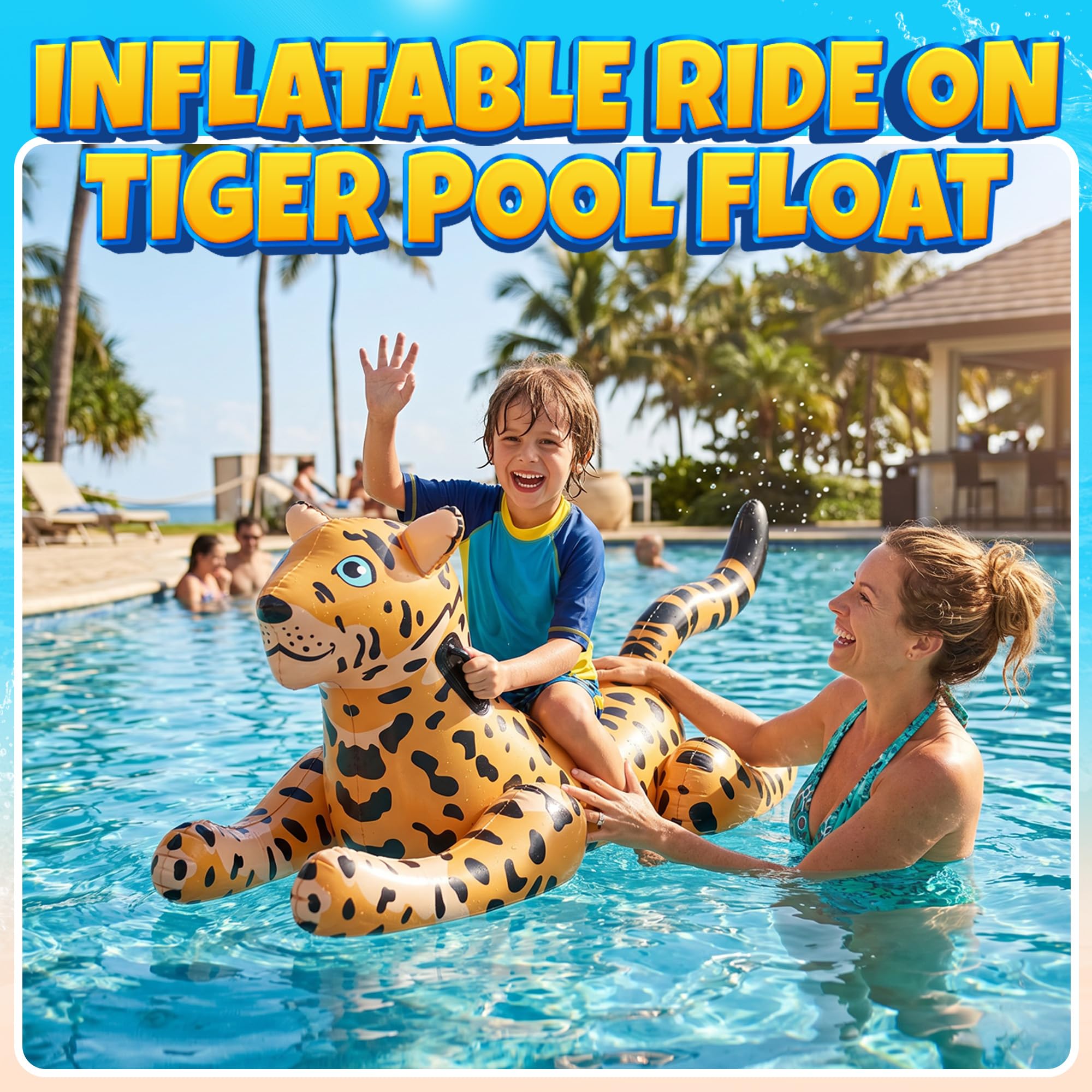 KiddieLoot niño montando el flotador en la piscina diversión supervisada