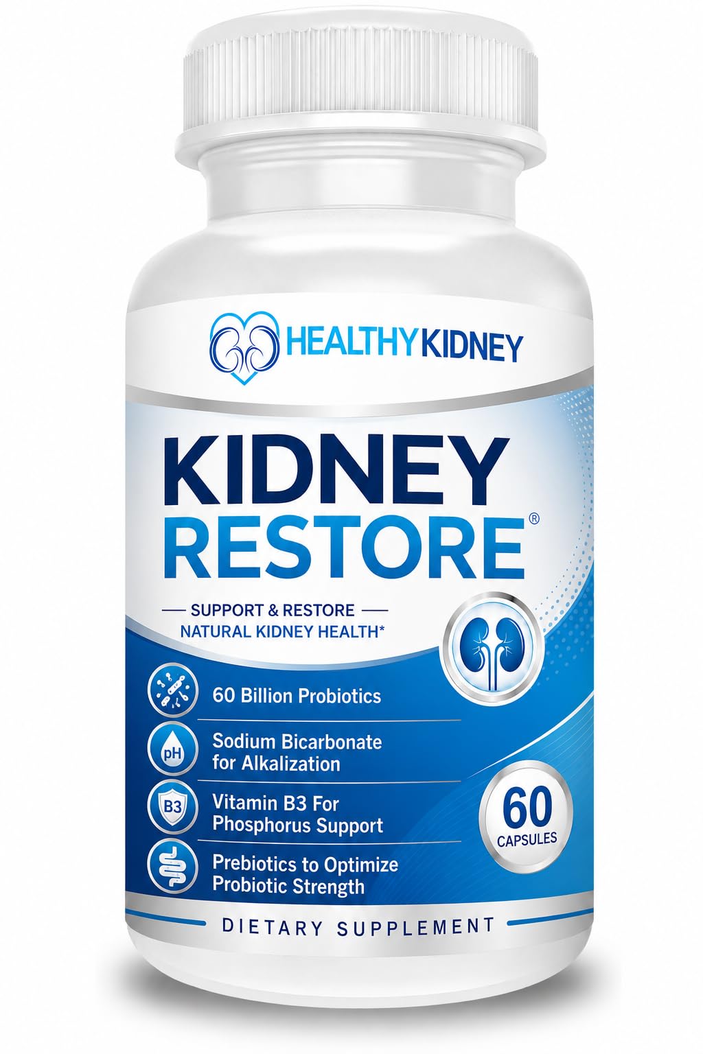 Kidney Restore envase frontal mostrando marca y beneficio de soporte renal