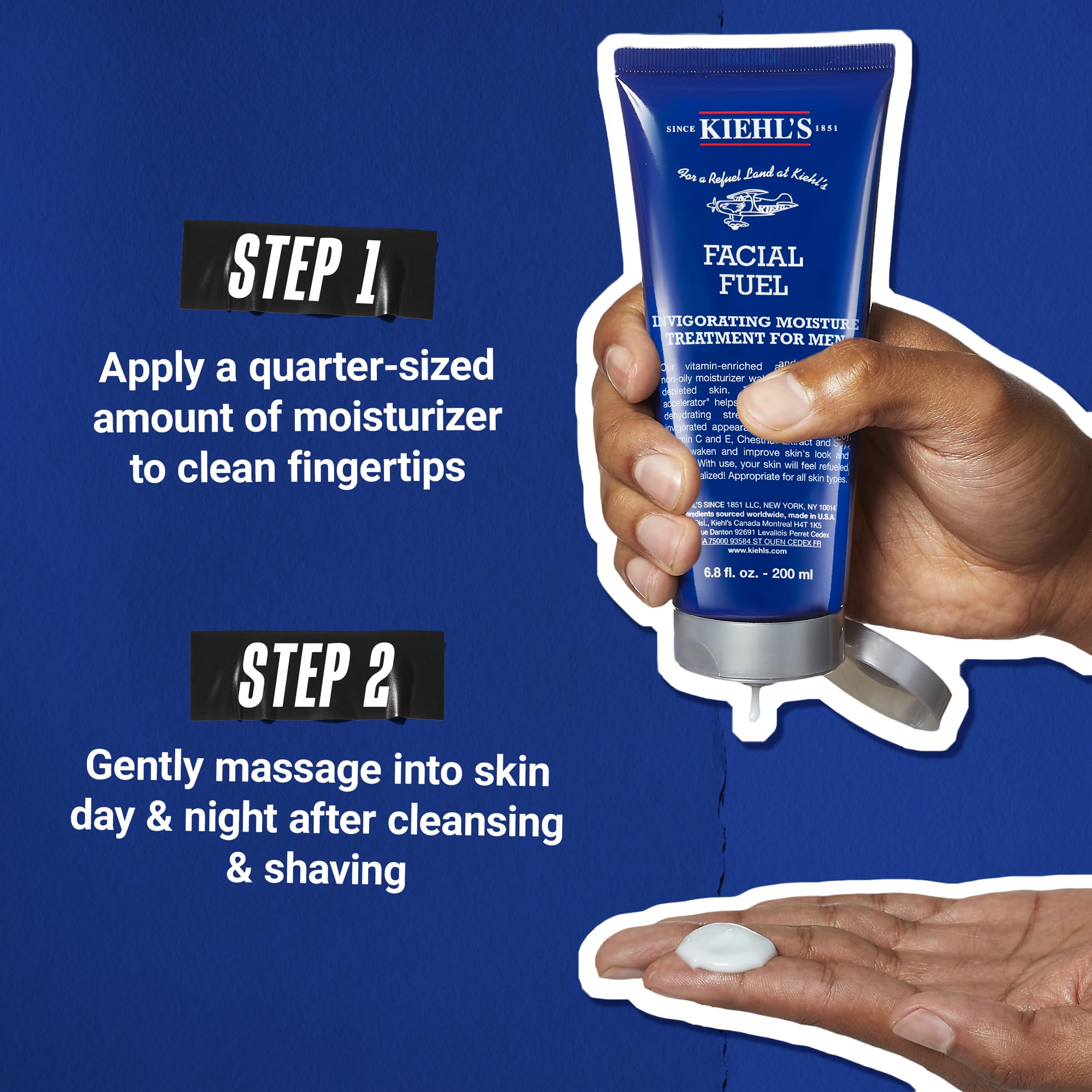 Kiehl's mano sosteniendo el envase 200 ml para mostrar tamaño real y portabilidad