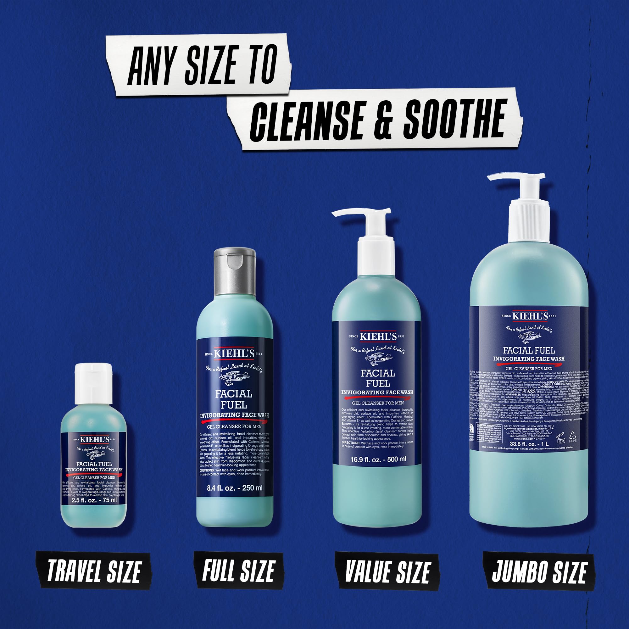 Kiehl's frasco junto a toallas en baño transmitiendo sensación fresca
