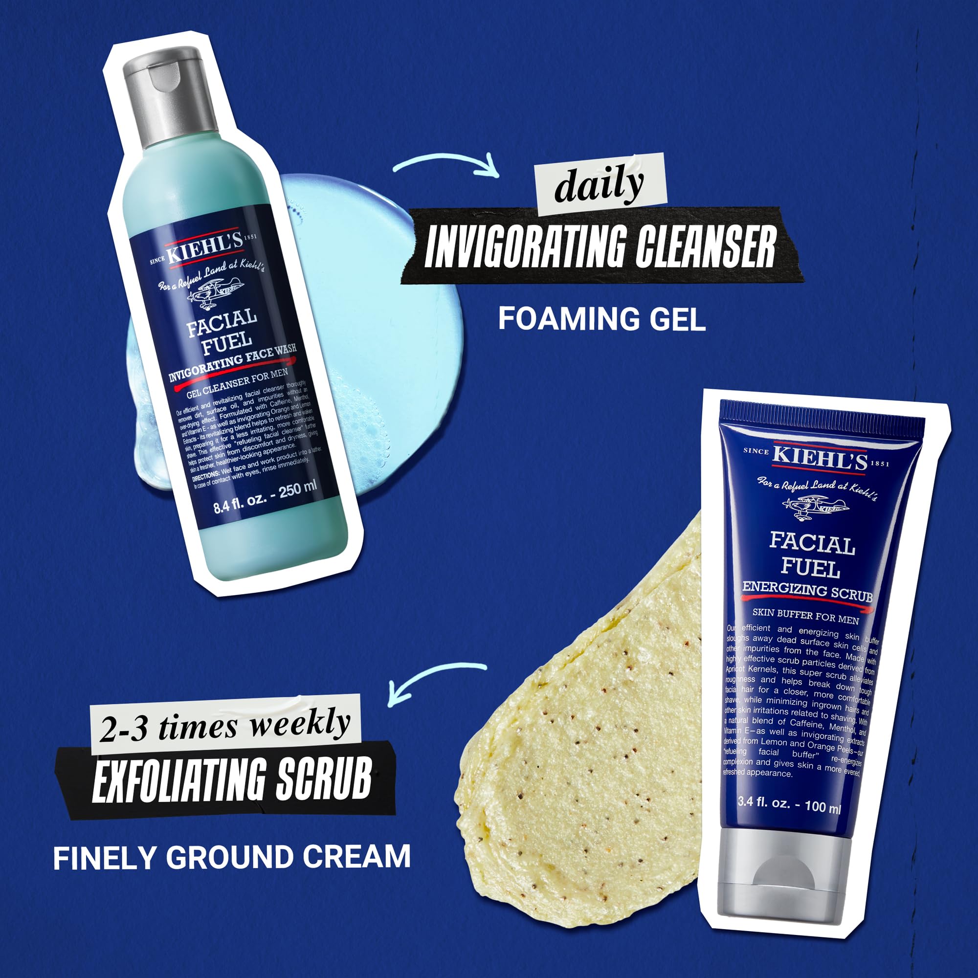 Kiehl's gel junto a tónico y crema mostrando rutina completa masculina