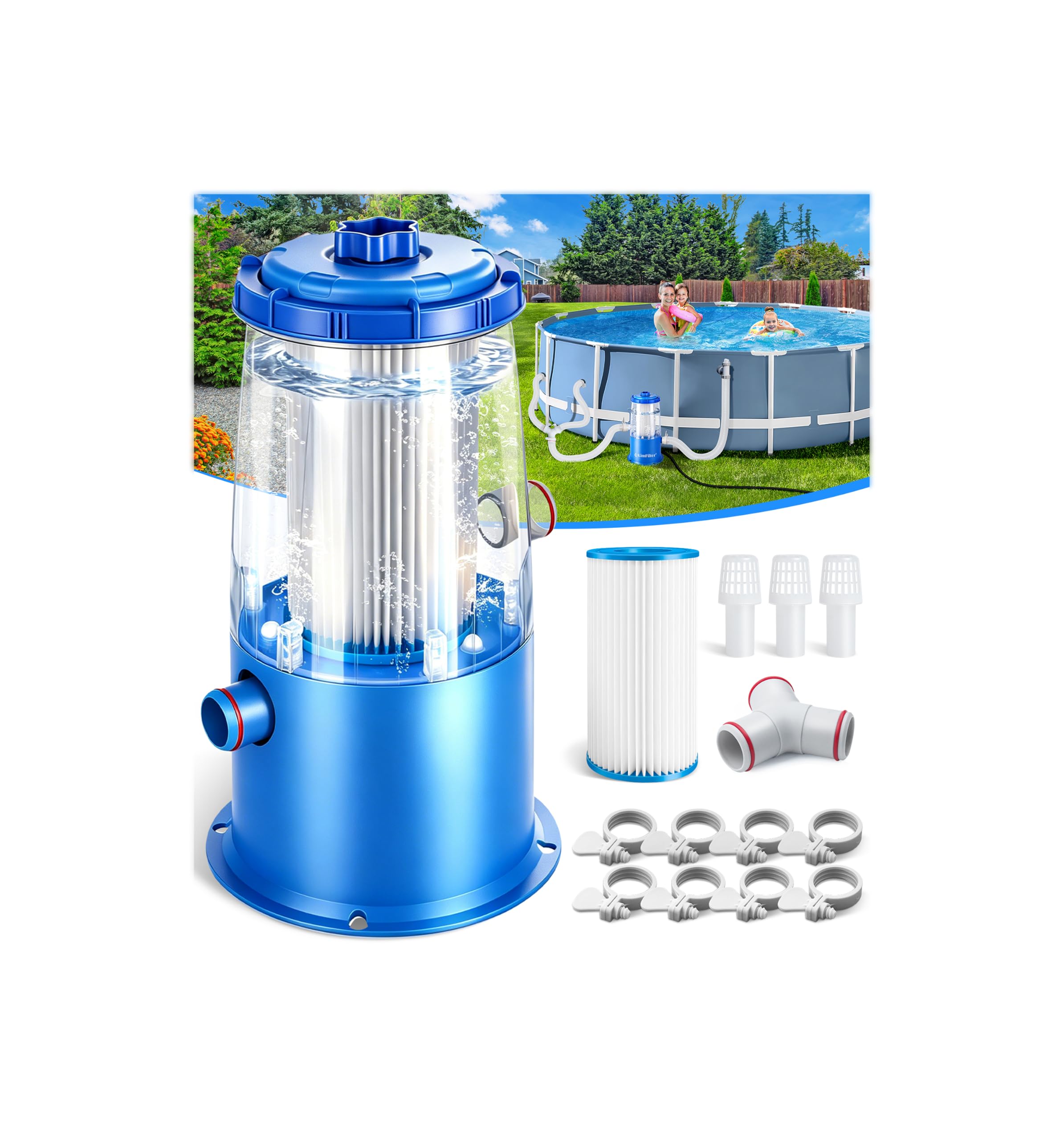 KimFilter pump front view showing transparent housing and easy-monitoring benefit