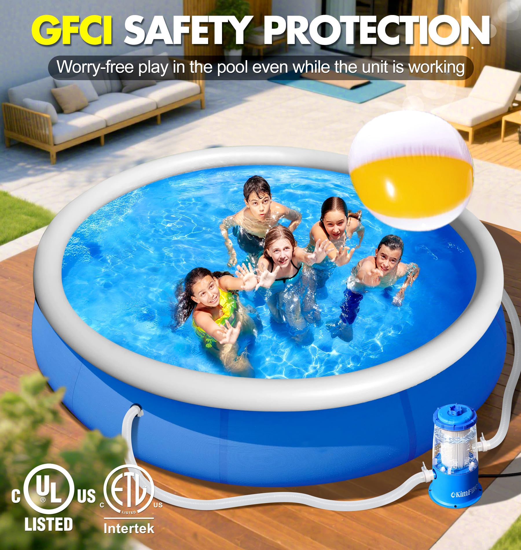 KimFilter GFCI plug and label showing built-in safety protection benefit
