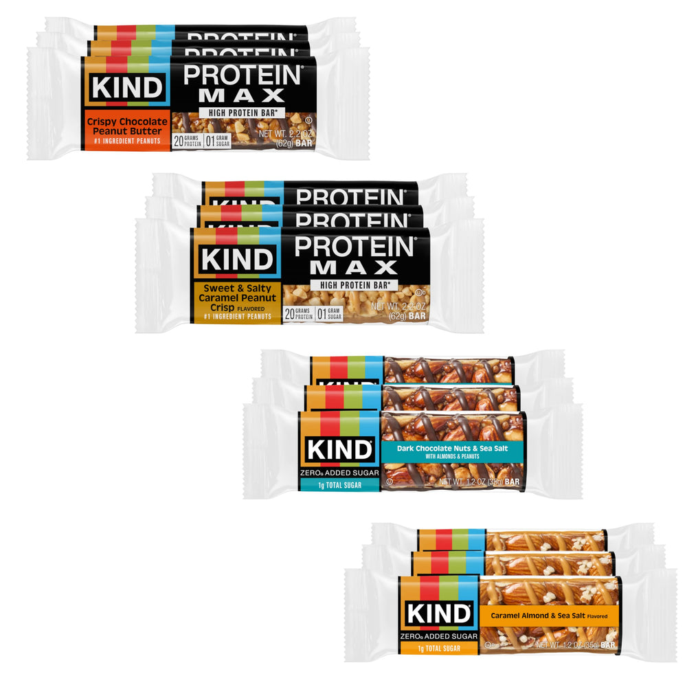 KIND presentación frontal del pack de 12 barras con variedad de sabores y conveniencia