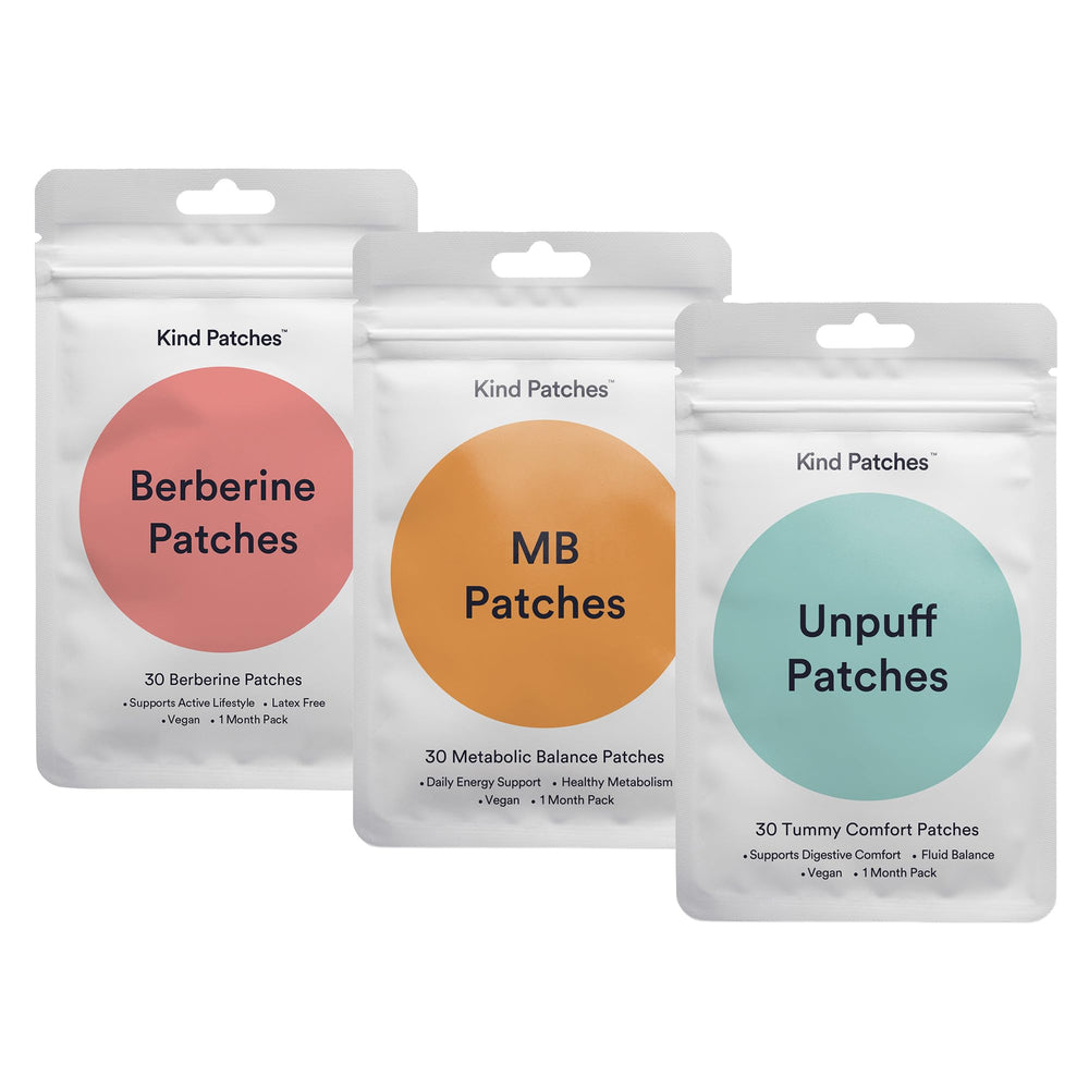 Kind Patches front packaging showing trio 90-count and vegan claim, clear product identity benefits