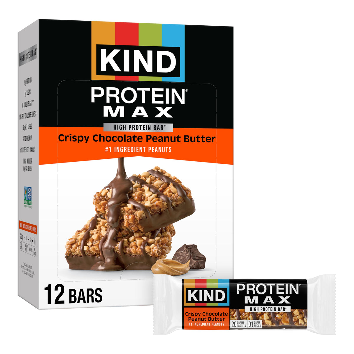 KIND caja frontal de Protein MAX con 12 barras, presenta conveniencia y proteína
