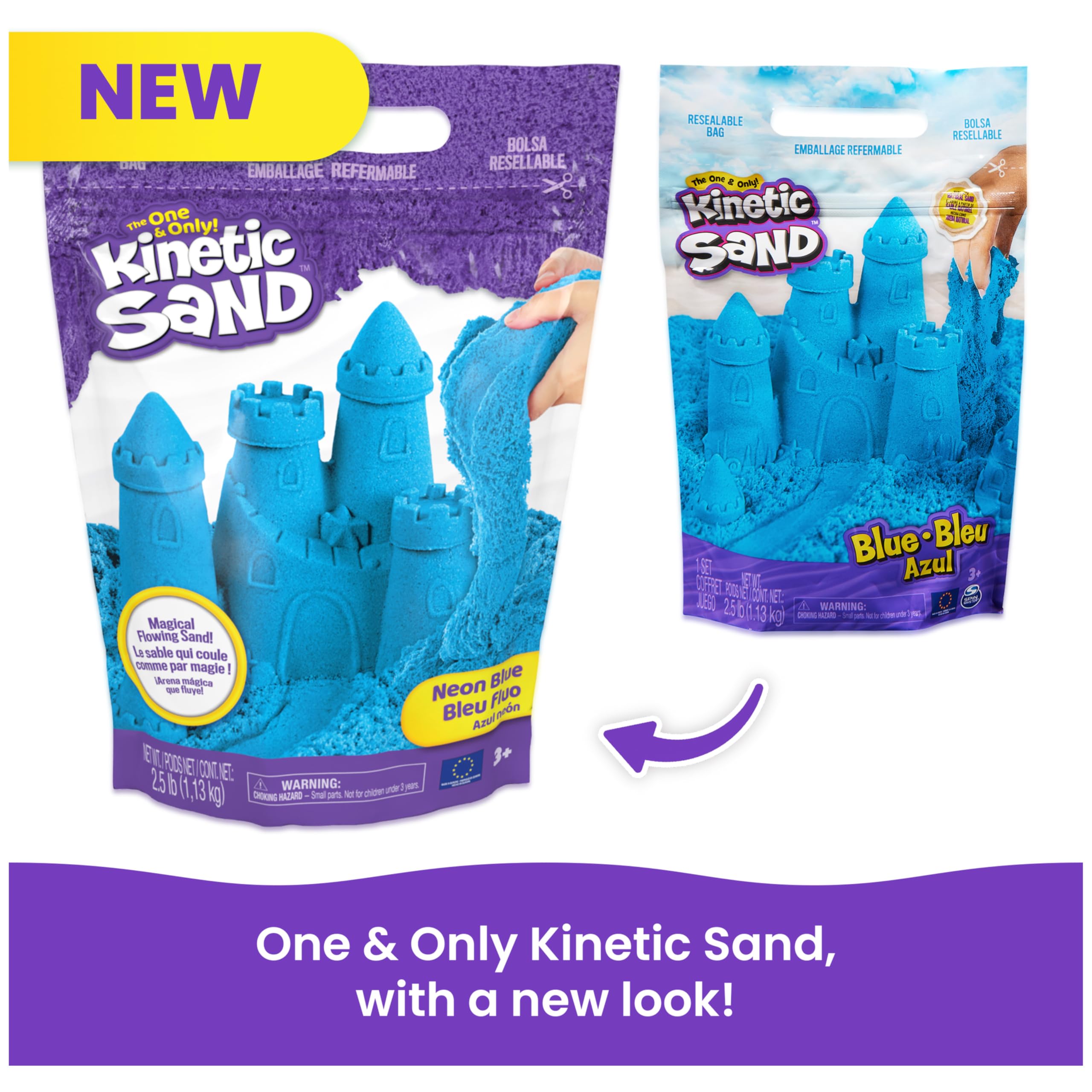 Kinetic Sand etiqueta y composición visible que indica contenido y uso