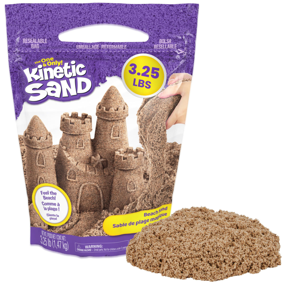 Kinetic Sand frente del empaque mostrando bolsa resellable y cantidad