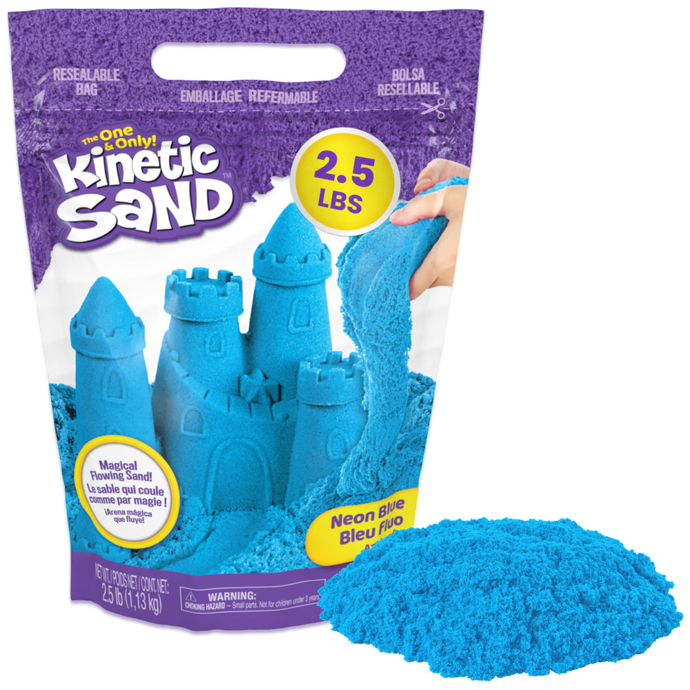 Kinetic Sand bolsa frontal azul mostrando presentación y cierre resellable
