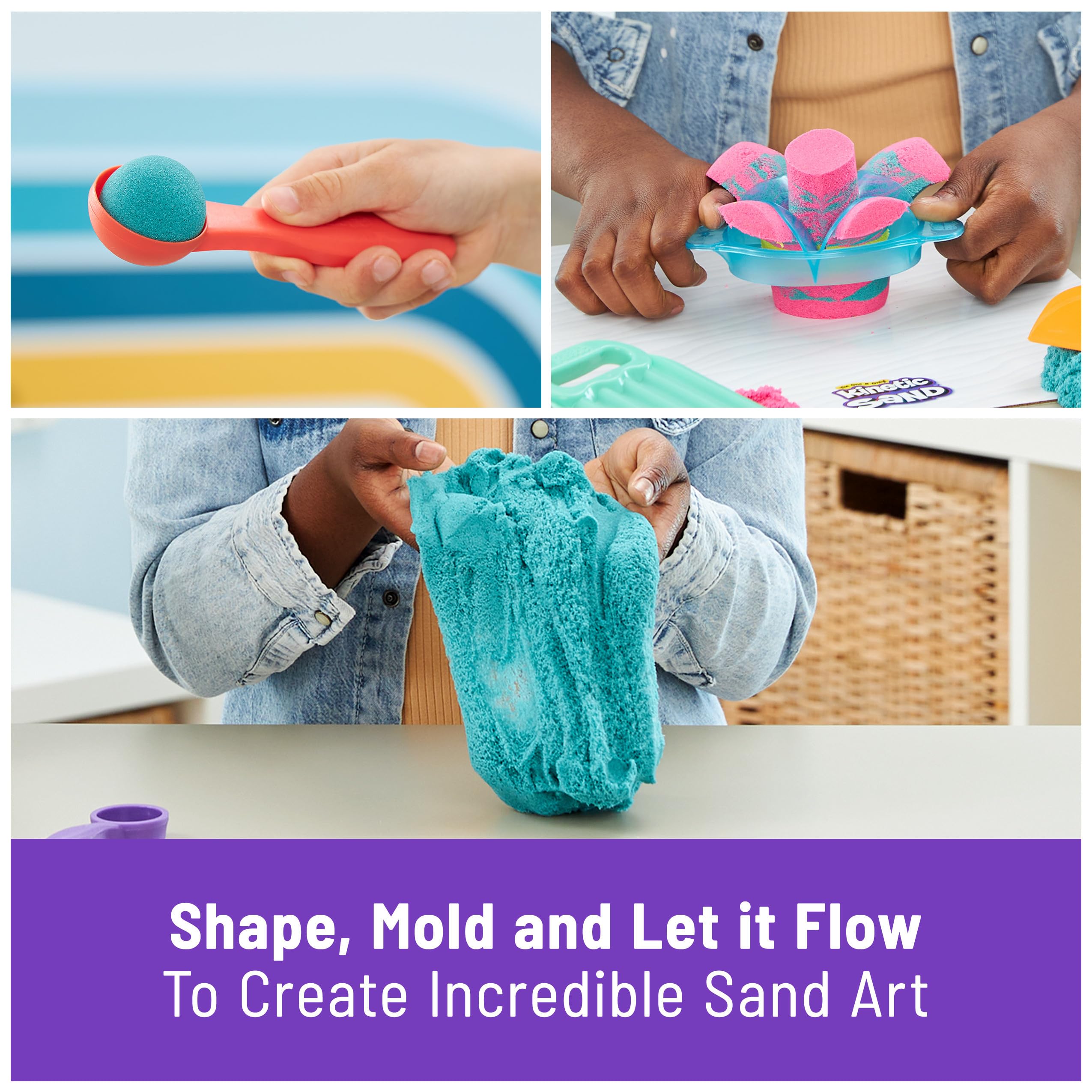 Kinetic Sand herramientas dispuestas sobre mesa para esculpir y cortar con precisión
