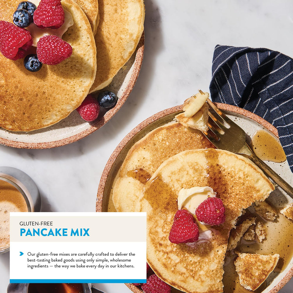 King Arthur pancakes plated with fruit showing fluffy, golden results