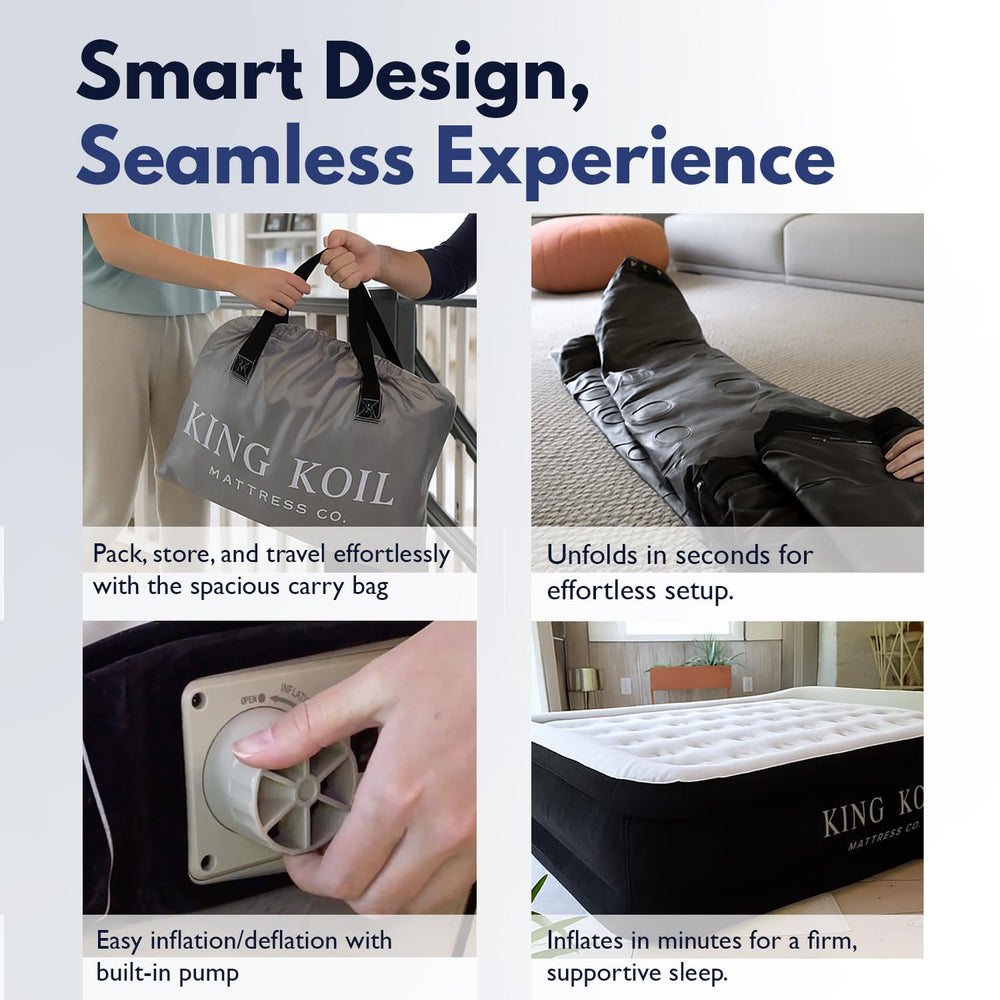 Deflated and folded King Koil mattress compact for travel and storage convenience