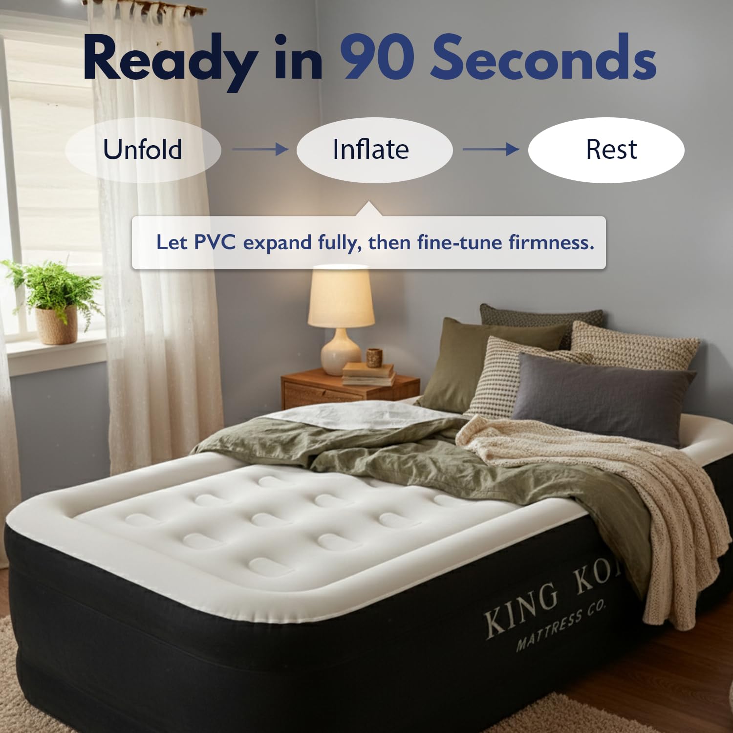 King Koil inflated bed in bedroom setting demonstrating real-bed feel benefit