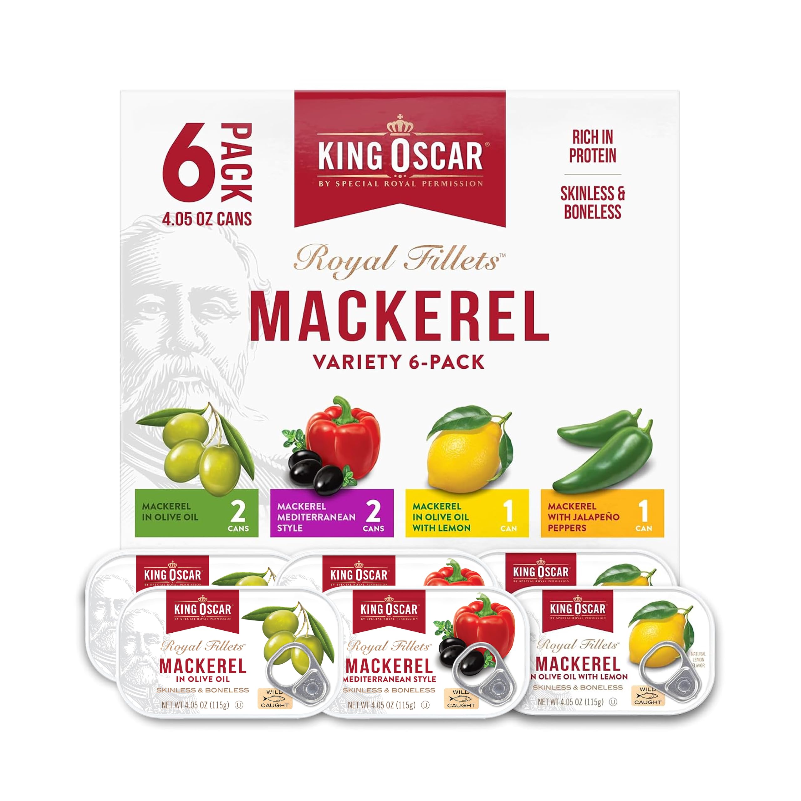 King Oscar frontal del pack de seis latas mostrando variedad y conveniencia