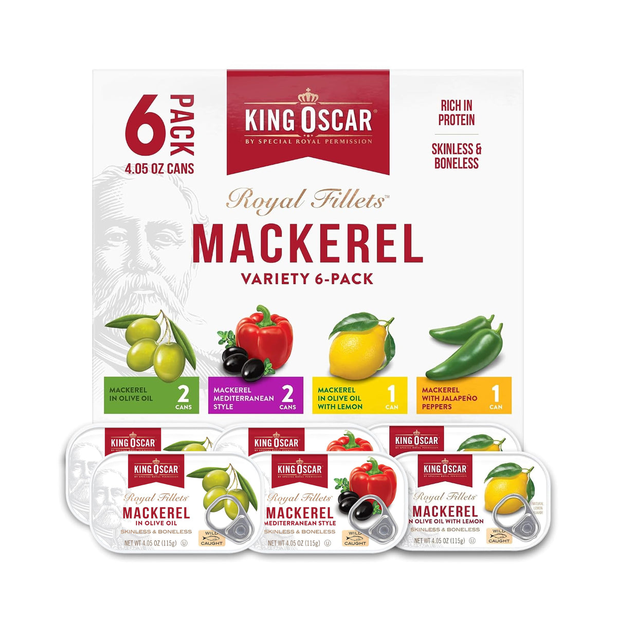 King Oscar frontal del pack de seis latas mostrando variedad y conveniencia