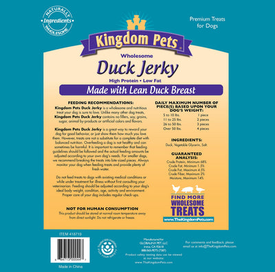 Kingdom Pets textura de jerky de pato mostrando terneza y alto contenido proteico