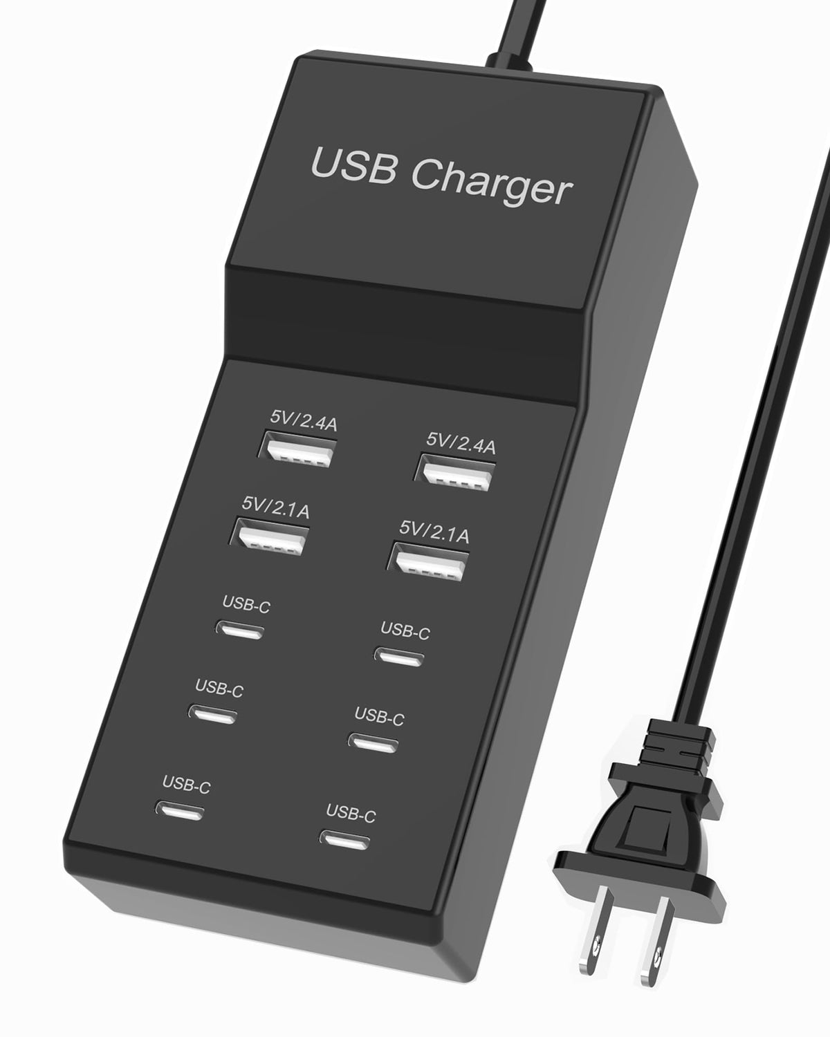 KingFuture vista frontal de la estación de carga mostrando 6 USB-C y 4 USB-A y carga organizada