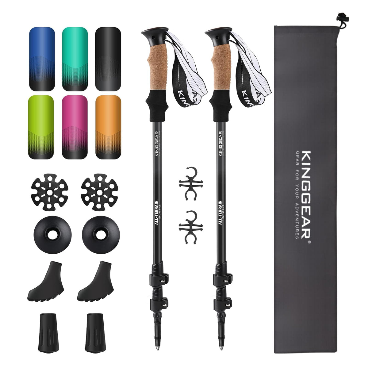 KINGGEAR frontal del empaque mostrando bastones y accesorios, presentación profesional