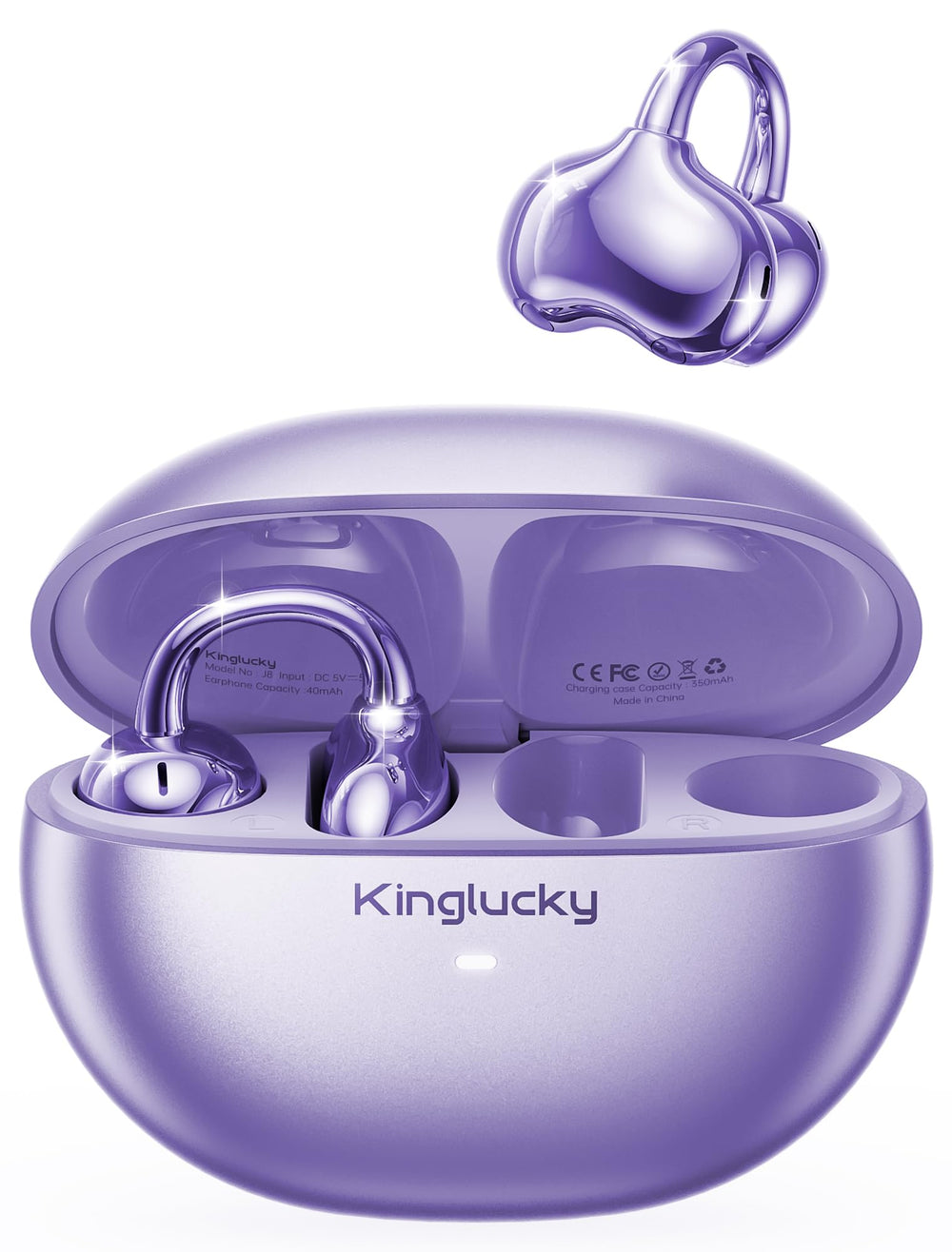 Kinglucky front packaging in purple showing earbuds and case, highlights improved battery