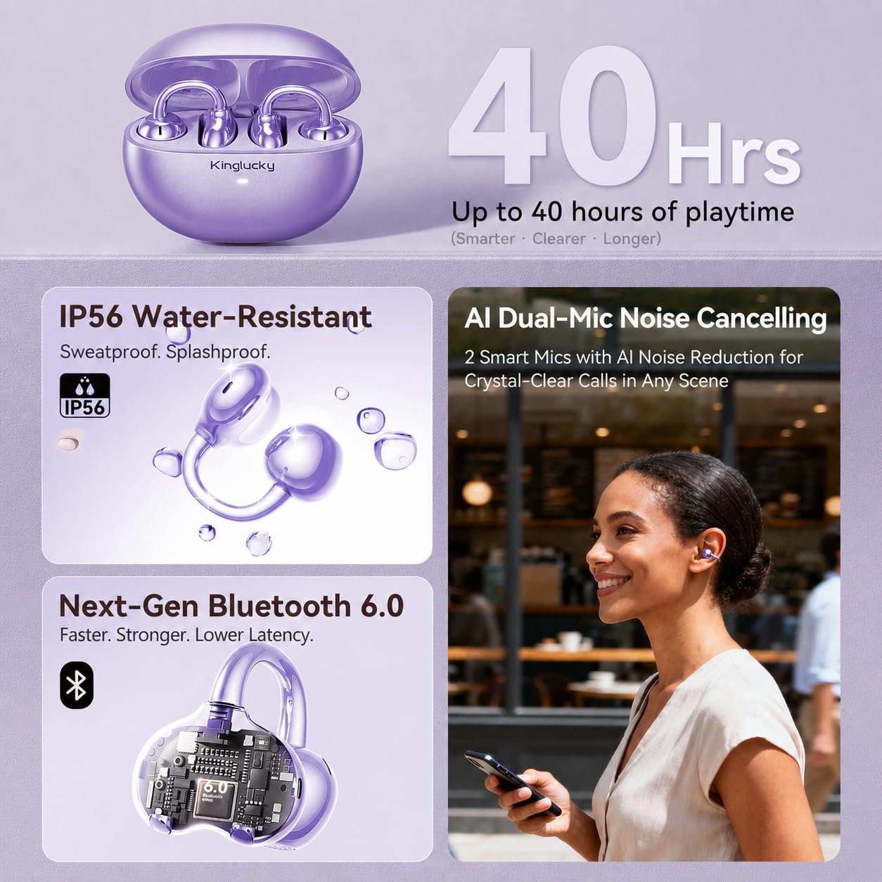 Kinglucky earbuds in hand for scale, illustrates lightweight 4.0g feel and portability