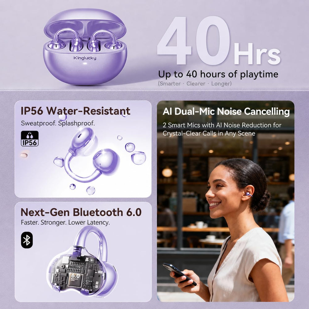 Kinglucky earbuds in hand for scale, illustrates lightweight 4.0g feel and portability