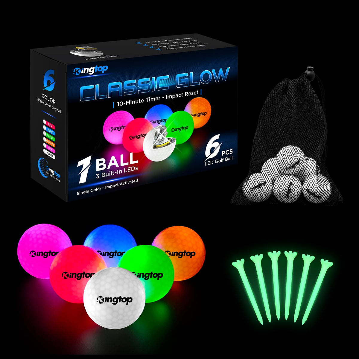 KINGTOP paquete frontal mostrando pelotas y tees, facilita transporte