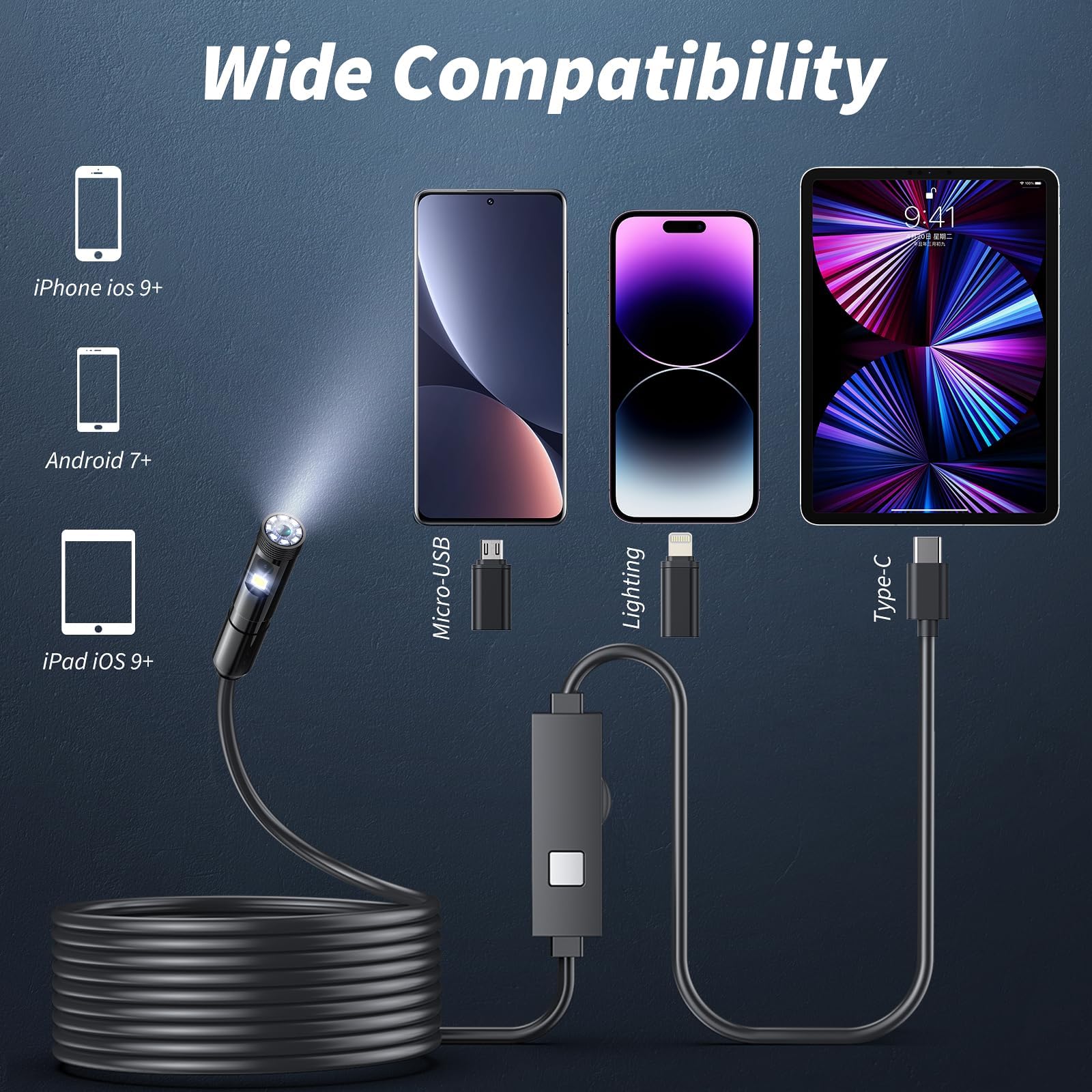 kinpthy junto a regla para comparar escala y longitud del cable, alcance 5 m