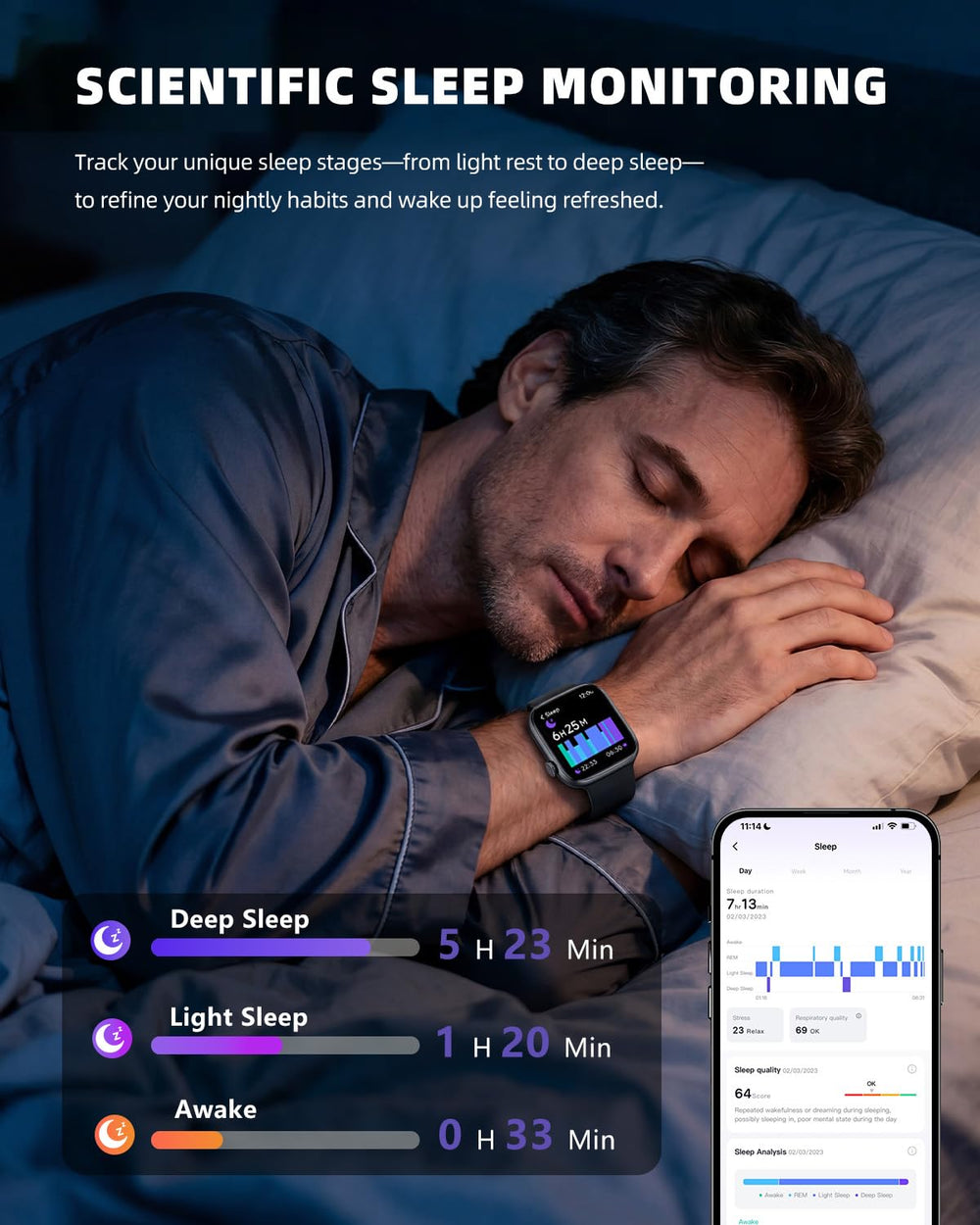 KIPTUMTEK sleep tracking screen with sleep stage breakdown for better rest