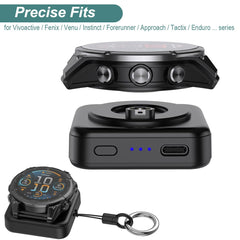 Kissmart portable charger powering a Venu watch in use, convenient on-the-go charging