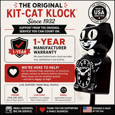 Kit Cat Klock close-up of manufacturing label, Kit Cat Klock made in America assures authenticity