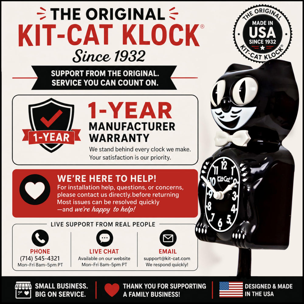 Kit Cat Klock close-up of manufacturing label, Kit Cat Klock made in America assures authenticity