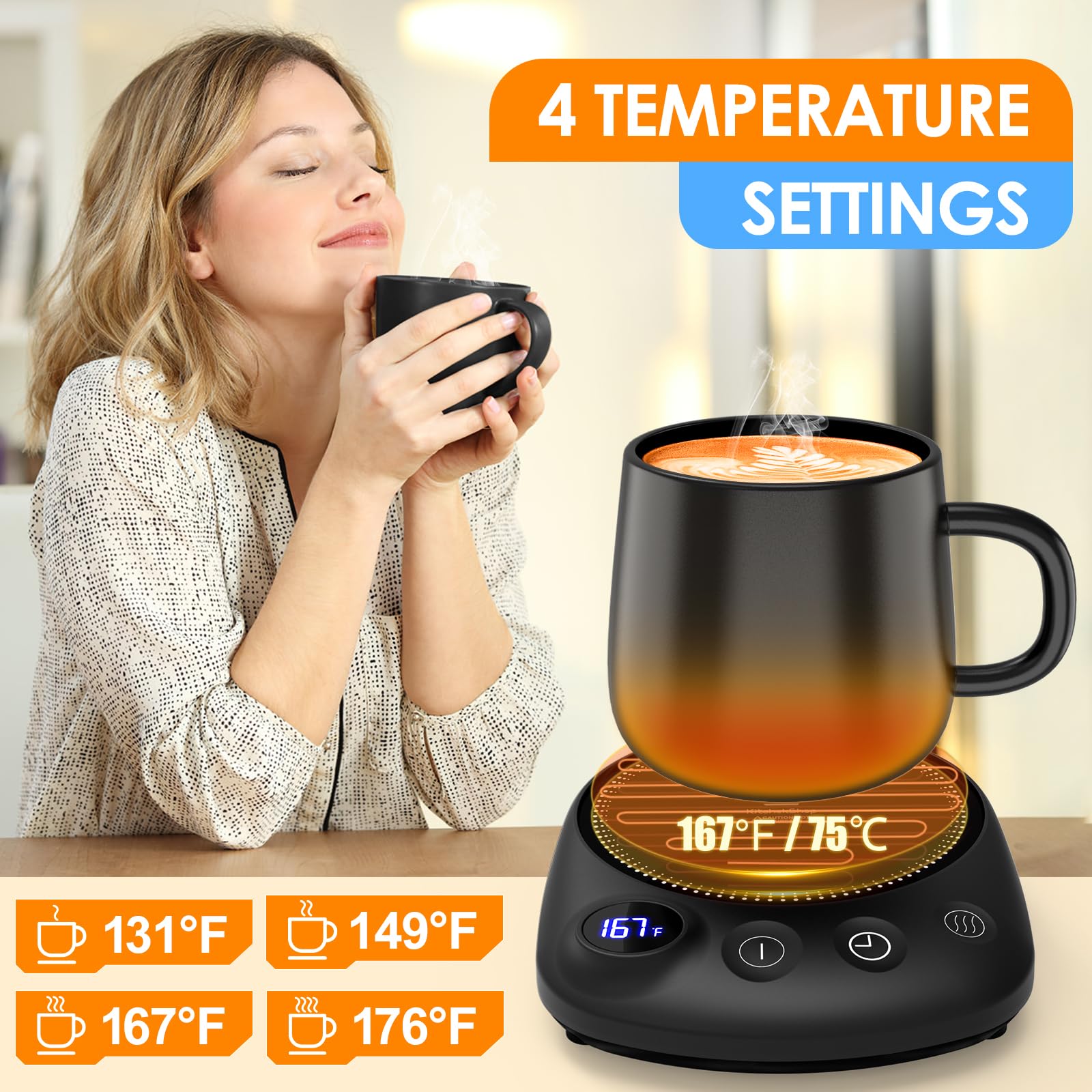 KitchekShop calentador en uso con taza de cerámica, conserva la temperatura durante el trabajo