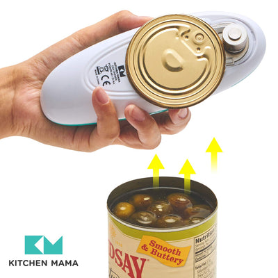 Kitchen Mama open battery compartment showing cordless portability benefit
