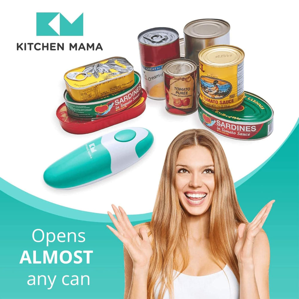 Kitchen Mama cutting a can lid showing one-touch convenience benefit