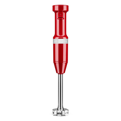 KitchenAid hand blender front view in empire red showing compact control and easy grip