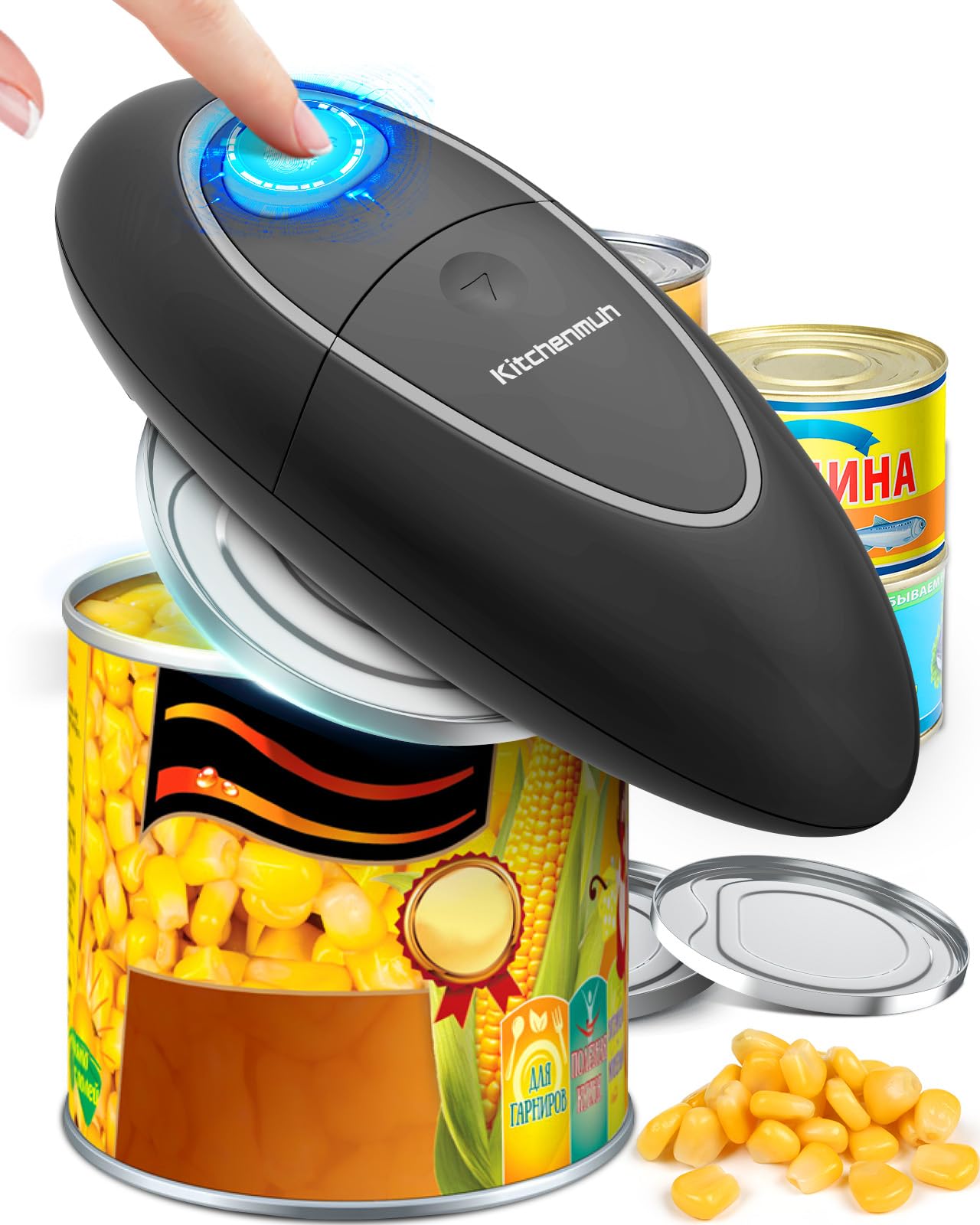 KITCHENMUH vista frontal del abrelatas con operación fácil y segura