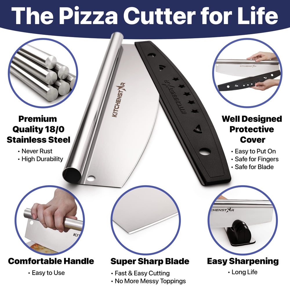 KitchenStar cuchillo en uso cortando pizza beneficio de cortes limpios