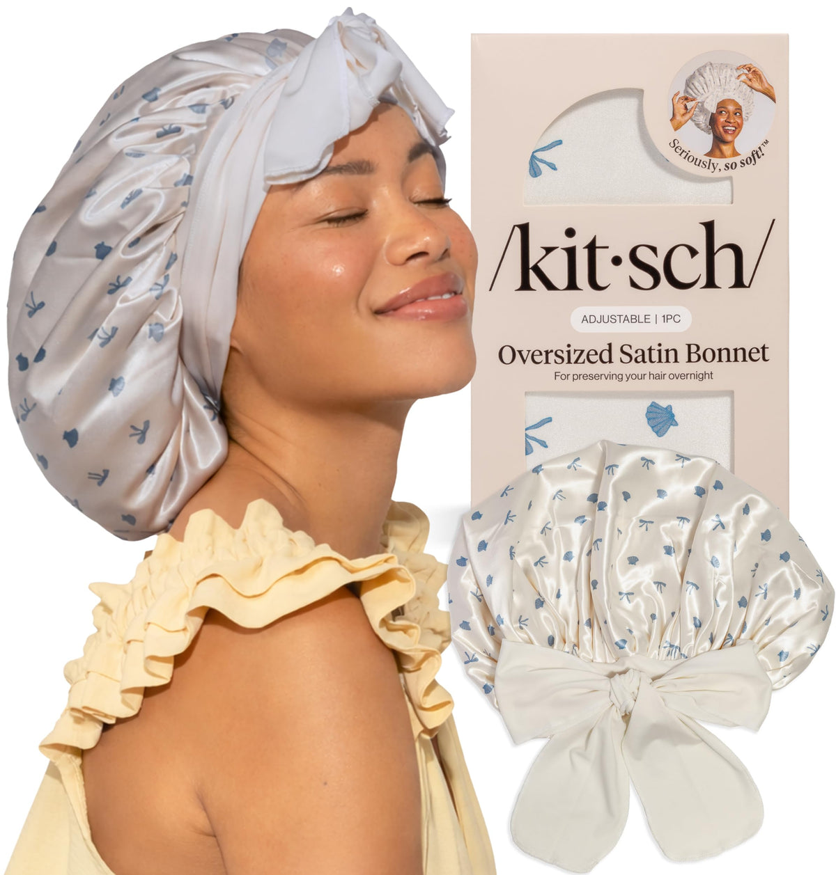 Kitsch gorro frontal en pearlized cream y coastal blue mostrando su corte extragrande y elegante