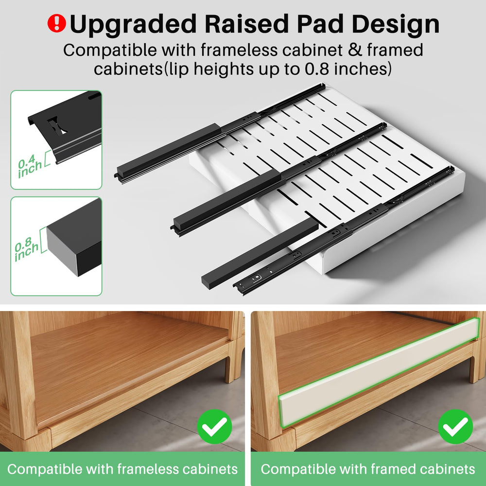 Kitstorack under-drawer rail closeup, highlights heavy-duty smooth glide benefit