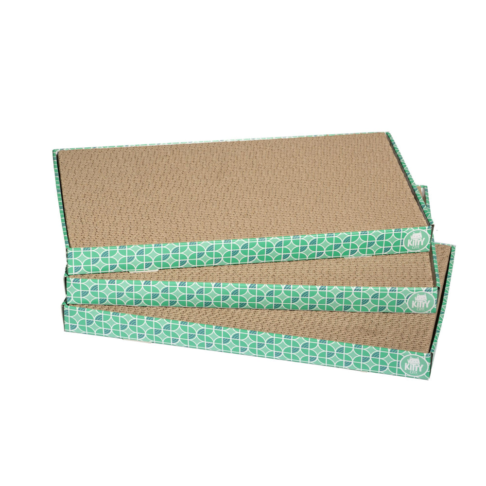 Kitty City rascador frontal pack mostrando las tres piezas y protección de muebles