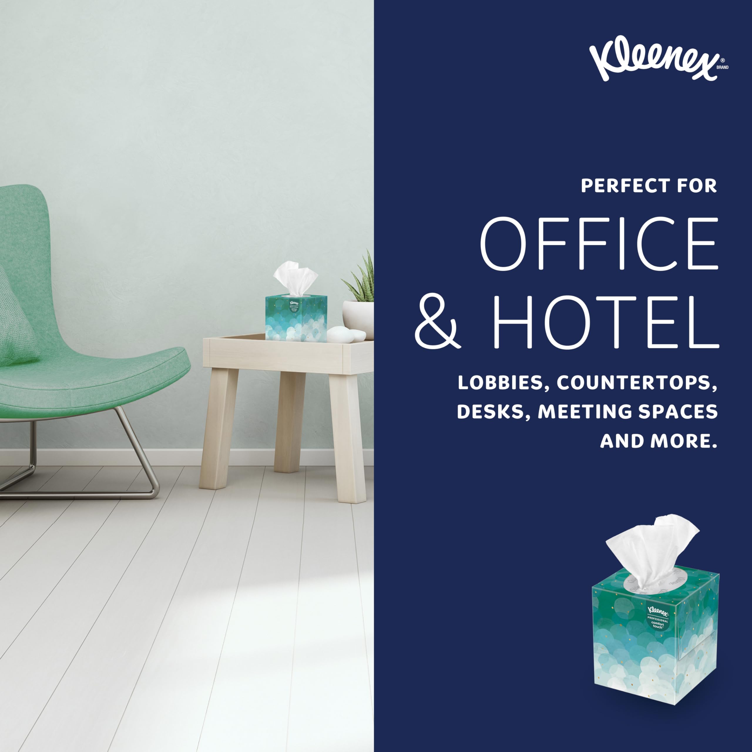 Kleenex apilado en oficina para reposición eficiente y aspecto profesional
