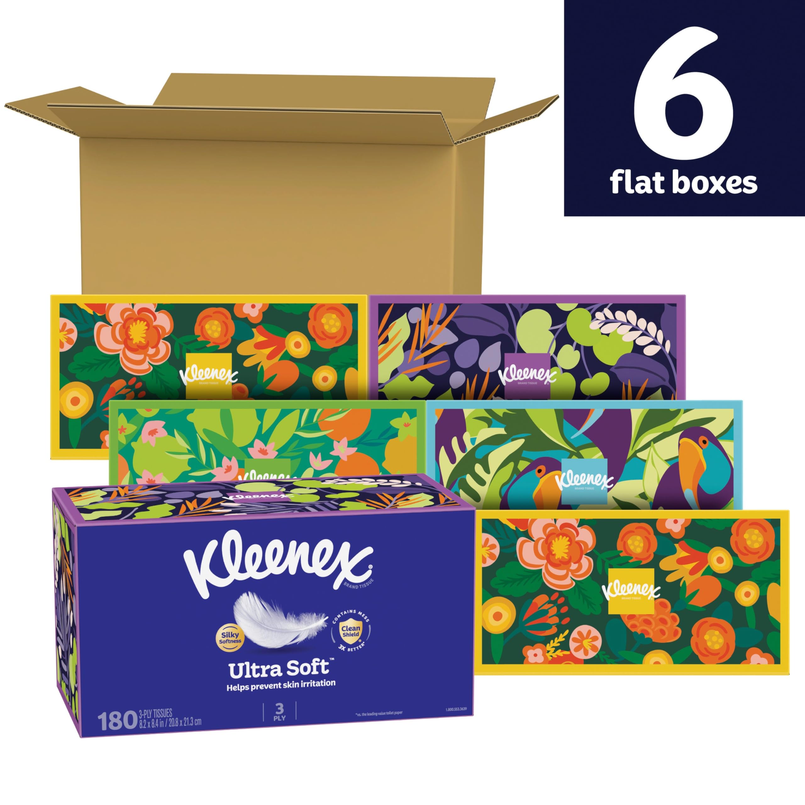 Kleenex caja plana abierta con pañuelos listos para usar, práctico ahorro